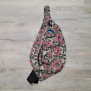 Kavu Sling Backpack Bag Crossbody Red Tan Floral Boho Art Print Outdoor Utility